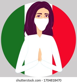 Coronavirus en Italia. Ilustración vectorial. Retrato de una joven hermosa chica con una máscara médica protectora dobló sus brazos y reza a Dios en el fondo de la bandera de Italia. Hecho en estilo plano.