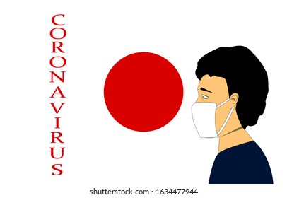 Coronavirus in Japan. Novel coronavirus (2019-nCoV). Japanese man in a white disposable face mask. on the background of the Japanese flag. coronavirus outbreak and quarantine concept.