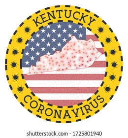 Coronavirus in Kentucky sign. Round badge with shape of Kentucky. Yellow US state lockdown emblem with title and virus signs. Vector illustration.