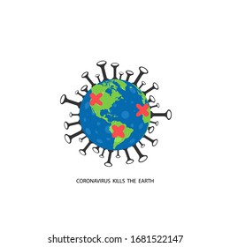 El coronavirus mata la tierra.Concepto de coronavirus. Tierra con bacterias y cruces, aislada. Tierra de protección en diseño plano. Ilustración vectorial.