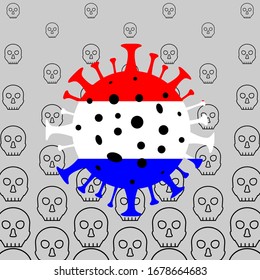 Coronavirus kills people in Netherlands. Coronavirus danger. Novel coronavirus (2019-nCoV), Abstract virus strain model on the background of skulls