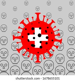 Coronavirus kills people in Switzerland. Coronavirus danger. Novel coronavirus (2019-nCoV), Abstract virus strain model on the background of skulls