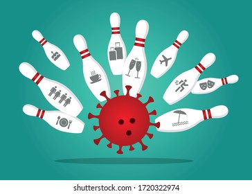 Coronavirus knocks out a punch in the bowling alley. The skittles have an icon for restricted activities.