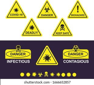 Coronavirus known as COVID-19 vector elements for Danger Infectious Contagious Deadly Keep safe and Bio hazard. Set of disease flu icons. Yellow caution signs with black stylized info graphics.