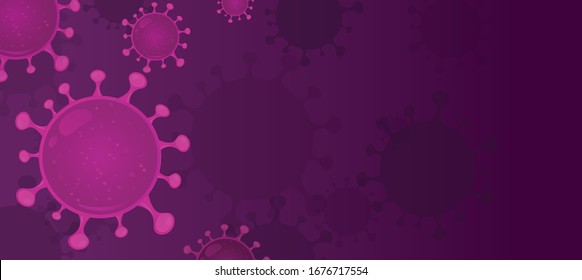 Coronavirus known as SARS-CoV - vector realistic illustration in purple. Web banner or article picture with sample text and copy space. Microscopic illustration representing the Chinese Wuhan's virus.