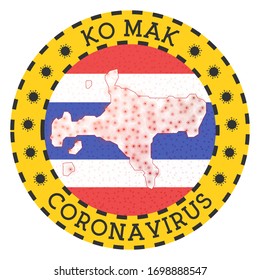 Coronavirus in Ko Mak sign. Round badge with shape of Ko Mak. Yellow island lockdown emblem with title and virus signs. Vector illustration.