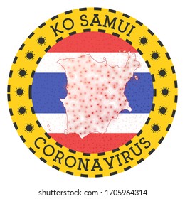 Coronavirus in Ko Samui sign. Round badge with the shape of Ko Samui. Yellow island lockdown emblem with title and virus signs. Vector illustration.