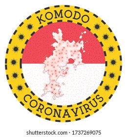 Coronavirus in Komodo sign. Round badge with shape of Komodo. Yellow island lockdown emblem with title and virus signs. Vector illustration.