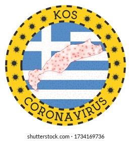 Coronavirus in Kos sign. Round badge with shape of Kos. Yellow island lock down emblem with title and virus signs. Vector illustration.