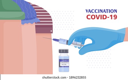 Impfung mit Coronavirus KOVID-19. Der Arzt injiziert eine Dosis Impfstoff in den Arm des Patienten. Antivirale Aufnahme. Sicherer und rechtzeitiger Schutz der Person vor dem Virus. Vektorgrafik