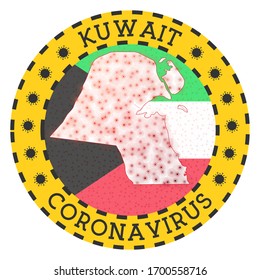 Coronavirus in Kuwait sign. Round badge with shape of Kuwait. Yellow country lockdown emblem with title and virus signs. Vector illustration.