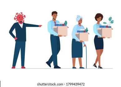 The coronavirus leaves people unemployed. A fired African man and women leave the office with a box in their hands. Job loss due to covid-19 virus, economic downturn. Dismissed employeest. Vector