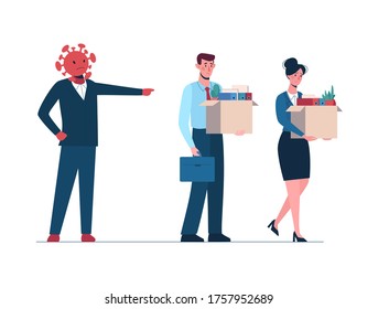 Coronavirus leaves a people without work. Fired man and women leaves the office with a box in his hands. Job loss due to virus covid-19, economic decline. Dismissed employees, unemployment. Vector