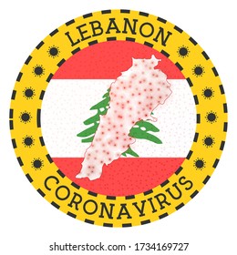 Coronavirus in Lebanon sign. Round badge with shape of Lebanon. Yellow country lock down emblem with title and virus signs. Vector illustration.