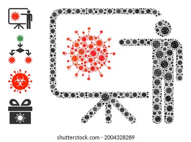 Coronavirus lecture covid mosaic icon. Coronavirus lecture collage is created of scattered covid parts. Bonus icons are added. Flat style.