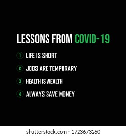 Coronavirus lessons poster. Covid-19 inscription lettering banner. Sign to prevent desease outbreak. Stop corona virus epidemic concept leaflet. Vector eps 10.