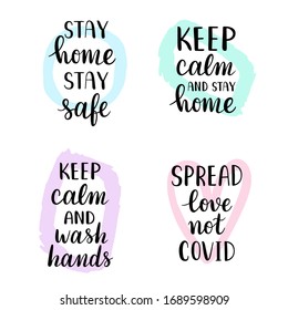 Coronavirus lettering collection, stay home and wash hands motivation, inspirational calligraphy handwritten banners for covid-19 prevention, isolated vector illustration