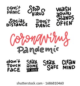 CoronaVirus lettering set. Vector flat illustration in doodle style. Clean hands. Stay home. Stop virus. Don't panic. Social distance. Wash your hands often. Stay safe.