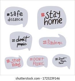 CoronaVirus letters set. Vector flat illustration in doodle style. Clean hands. To stay home. Stop the virus. Do not panic. Social distance. Wash your hands. Stay safe. Labels reflecting global events