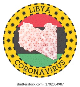 Coronavirus in Libya sign. Round badge with shape of Libya. Yellow country lockdown emblem with title and virus signs. Vector illustration.
