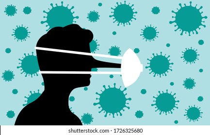 Coronavirus lies, epidemic rumors, human face with long nose and stretched medical mask, vector illustration