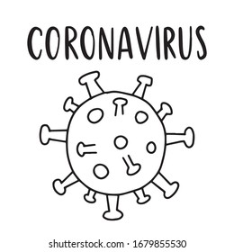 Coronavirus Line Art Icon. Hand Drawn Bacteria Illustration. Line Art Covid-19 Virus Cell. Doodle Art Pictogram. Vector Art. Hand Lettering Word. 