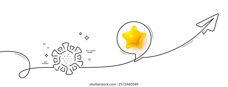 Coronavirus line icon. Continuous line with share plane. Covid virus sign. Danger infection symbol. 3d star in speech bubble. Coronavirus single line ribbon. Loop curve pattern. Vector