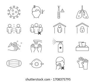 Coronavirus line icon set. Covid-19 protection outline icons. Coronavirus prevention. Health and medicine.