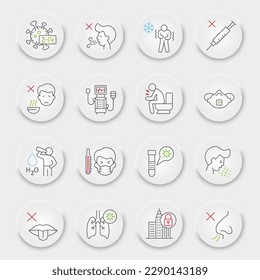 Coronavirus line icon set, illness symbols collection, vector sketches, neumorphic UI UX buttons, covid 19 icons, epidemic signs linear pictograms