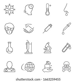 Coronavirus Line Icon Set. Included Icons As Wuhan, Outbreak, Contagious, Contagion, infection And More. Virus Icons, Protective, Medical Face Mask Icon- Vector Illustration.