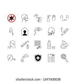 Coronavirus line icon set. Included icons as virus, outbreak, contagious, contagion, infection and more.