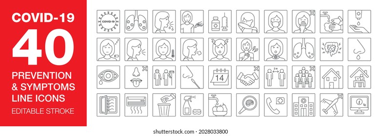 Coronavirus line icon set for infographic or website. Covid-19 symptoms, transmission and prevention outline icons. Editable stroke. SARS-CoV-2 illustrations (wash hands, vaccine, pcr, quarantine...)