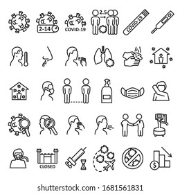 Coronavirus line icon set. Prevention, transmition, advice, treatment and other. Covid-19 virus icon set. Vector.