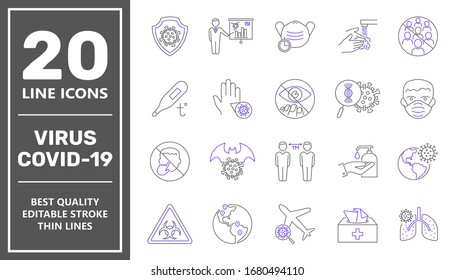 Coronavirus line icon set. Coronavirus Protection Related Vector Line Icons.  Icons are included such as covid-19 virus, face shield, incidence statistics, precautions, virus research and more. EPS 10