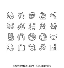 Coronavirus Line Icons. Medical Mask, Washing Hands Hygiene, Protective Glasses. Work From Home, Hands Sanitizer, Mask. Covid-19 Virus Pandemic, No Vaccine, Toilet Paper, And Social Distancing.
