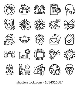 Coronavirus Line Icons. Medical Mask, Washing Hands Hygiene, Protective Glasses. Stay Home, Hands Sanitizer, Coronavirus Epidemic Mask Icons. Covid-19 Virus Pandemic, No Vaccine, Toilet Paper. Vector