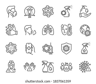 Coronavirus line icons. Medical Mask, Washing Hands, Corona Virus Symptoms. Social Distance, Hand Sanitizer, Face mask line icons. Covid-19 pandemic, Lung Disease, coronavirus hygiene. Vector