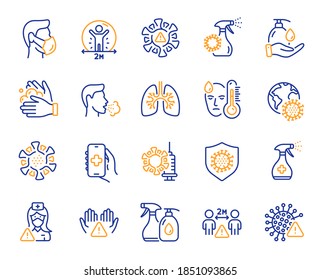 Coronavirus line icons. Medical Mask, Washing Hands, Corona Virus Symptoms. Social Distance, Hand Sanitizer, Face mask line icons. Covid-19 pandemic, Lung Disease, coronavirus hygiene. Vector