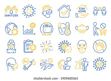 Coronavirus Line Icons. Medical Mask, Washing Hands Hygiene, Protective Glasses. Stay Home, Hands Sanitizer, Coronavirus Epidemic Mask Icons. Covid-19 Virus Pandemic, No Vaccine, Toilet Paper. Vector