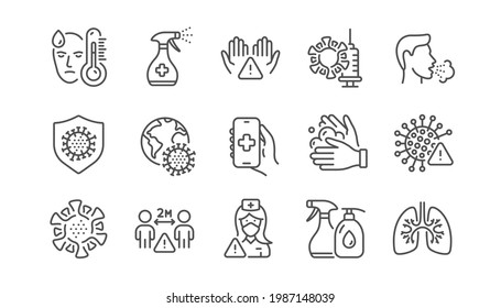 Coronavirus line icons. Medical Mask, Washing Hands, Corona Virus Symptoms. Social Distance, Hand Sanitizer, Face mask line icons. Covid-19 pandemic, Lung Disease, coronavirus hygiene. Vector