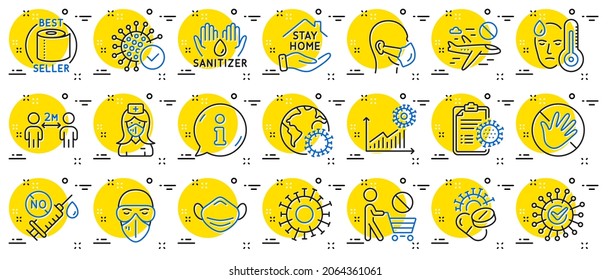 Coronavirus Line Icons. Medical Mask, Washing Hands Hygiene, Protective Glasses. Stay Home, Hands Sanitizer, Coronavirus Epidemic Mask Icons. Covid-19 Virus Pandemic, No Vaccine, Toilet Paper. Vector