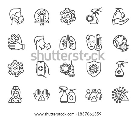 Coronavirus line icons. Medical Mask, Washing Hands, Corona Virus Symptoms. Social Distance, Hand Sanitizer, Face mask line icons. Covid-19 pandemic, Lung Disease, coronavirus hygiene. Vector