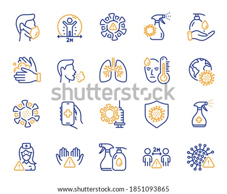 Coronavirus line icons. Medical Mask, Washing Hands, Corona Virus Symptoms. Social Distance, Hand Sanitizer, Face mask line icons. Covid-19 pandemic, Lung Disease, coronavirus hygiene. Vector