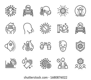 Coronavirus line icons. Medical protective mask, washing hands hygiene, eu shut borders. Stay home, safe distance, coronavirus epidemic mask icons. Covid-19 virus pandemic, usa close borders. Vector