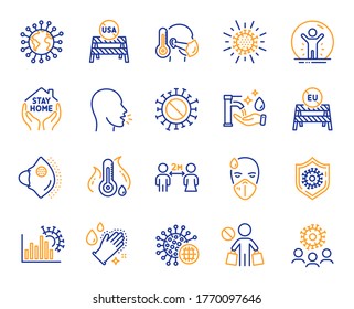 Coronavirus line icons. Medical protective mask, washing hands hygiene, eu shut borders. Stay home, safe distance, coronavirus epidemic mask icons. Covid-19 virus pandemic, usa close borders. Vector