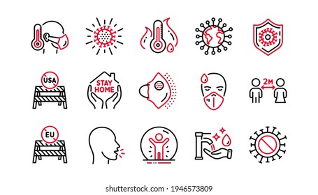 Coronavirus line icons set. Covid-19 virus pandemic. Medical protective mask, washing hands hygiene, eu shut borders. Stay home, safe distance, coronavirus epidemic mask icons. Vector