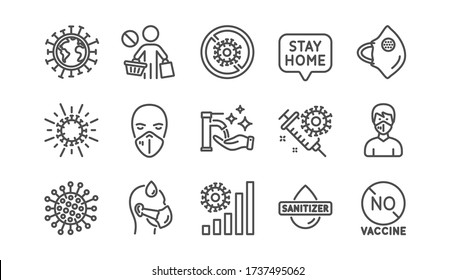 Iconos de línea de Coronavirus establecidos. Sanitizador de manos, máscara de protección médica, sin vacuna. Quédate en casa, lava las manos con higiene, íconos de máscaras epidémicas de coronavirus. Pandemia del virus Covid-19. Conjunto lineal. Vector