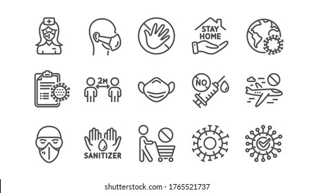 Coronavirus Line Icons Set. Medical Mask, Washing Hands Hygiene, Protective Glasses. Stay Home, Hands Sanitizer, Coronavirus Epidemic Mask Icons. Covid-19 Virus Pandemic, No Vaccine. Vector