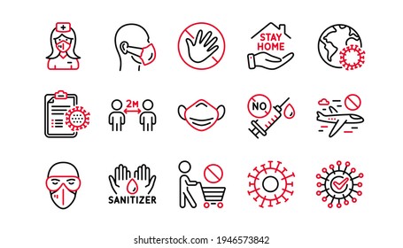 Coronavirus Line Icons Set. Medical Mask, Washing Hands Hygiene, Protective Glasses. Stay Home, Hands Sanitizer, Coronavirus Epidemic Mask Icons. Covid-19 Virus Pandemic, No Vaccine. Vector