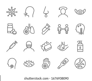 Coronavirus line icons set. Prevention, symptom, treatment, quarantine. Editable stroke